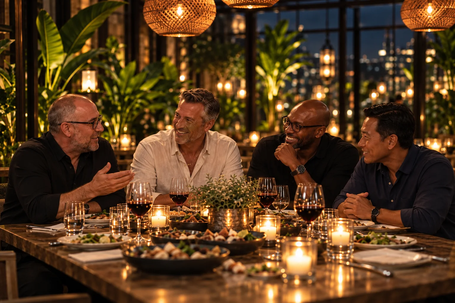 Four men in conversation around a candlelit restaurant table. Illustrative image.