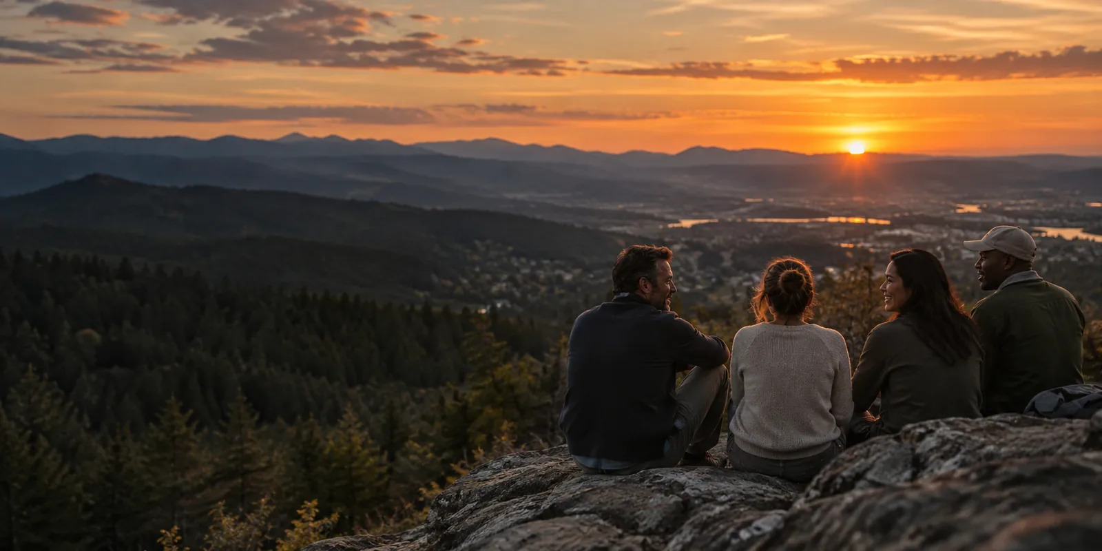 Four friends sharing a sunset from a mountain overlook. Illustrative image.